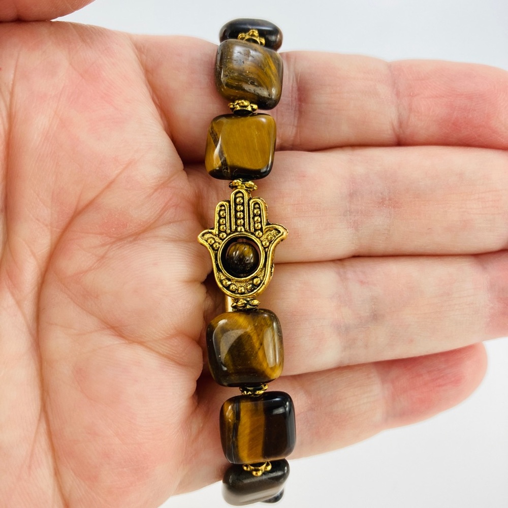 Hamsa Tiger's Eye Stretch Bracelet, Handmade, Antique Gold - Picture 4 of 9